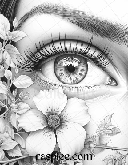 40 Charming Eyes Grayscale Coloring Pages Printable for Adults, PDF File Instant Download