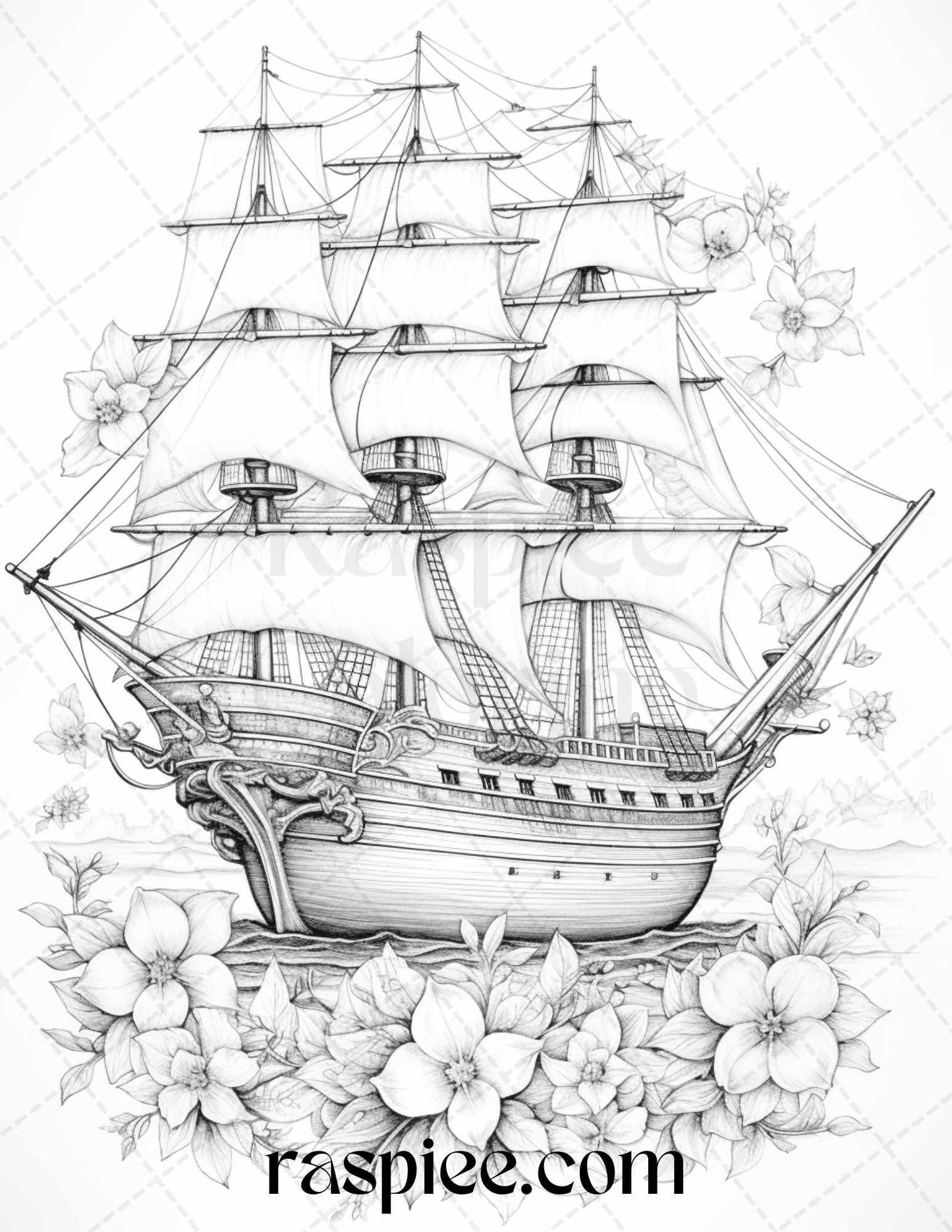 44 Flower Ships Graysale Coloring Pages Printable for Adults, PDF File Instant Download