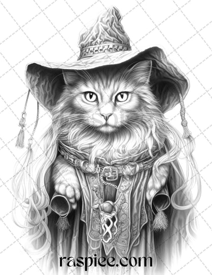 40 Halloween Witch Cat Grayscale Coloring Pages Printable for Adults, PDF File Instant Download