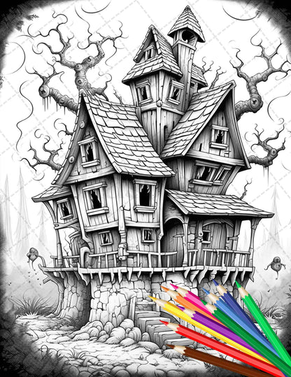 32 Spooky Houses Coloring Pages Printable for Adults, Grayscale Coloring Page, PDF File Instant Download