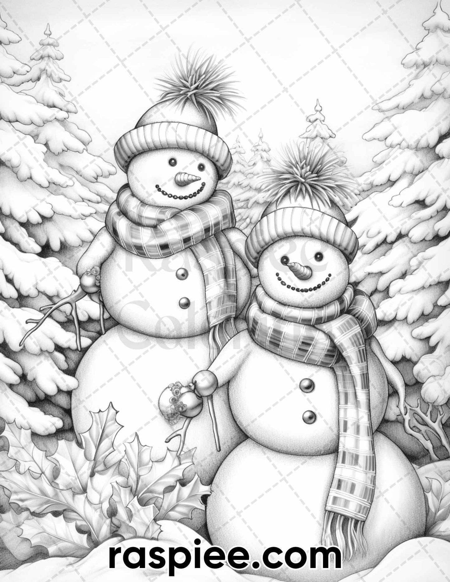 40 Chistmas Snowman Grayscale Coloring Pages for Adults, Printable PDF Instant Download