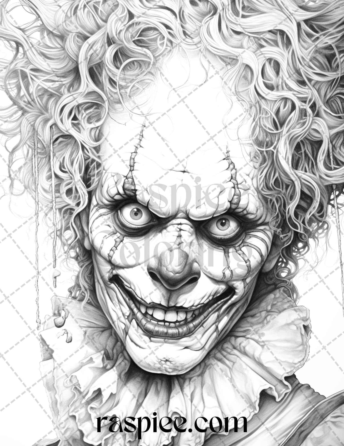 40 Spooky Clowns Grayscale Coloring Pages Printable for Adults, PDF File Instant Download