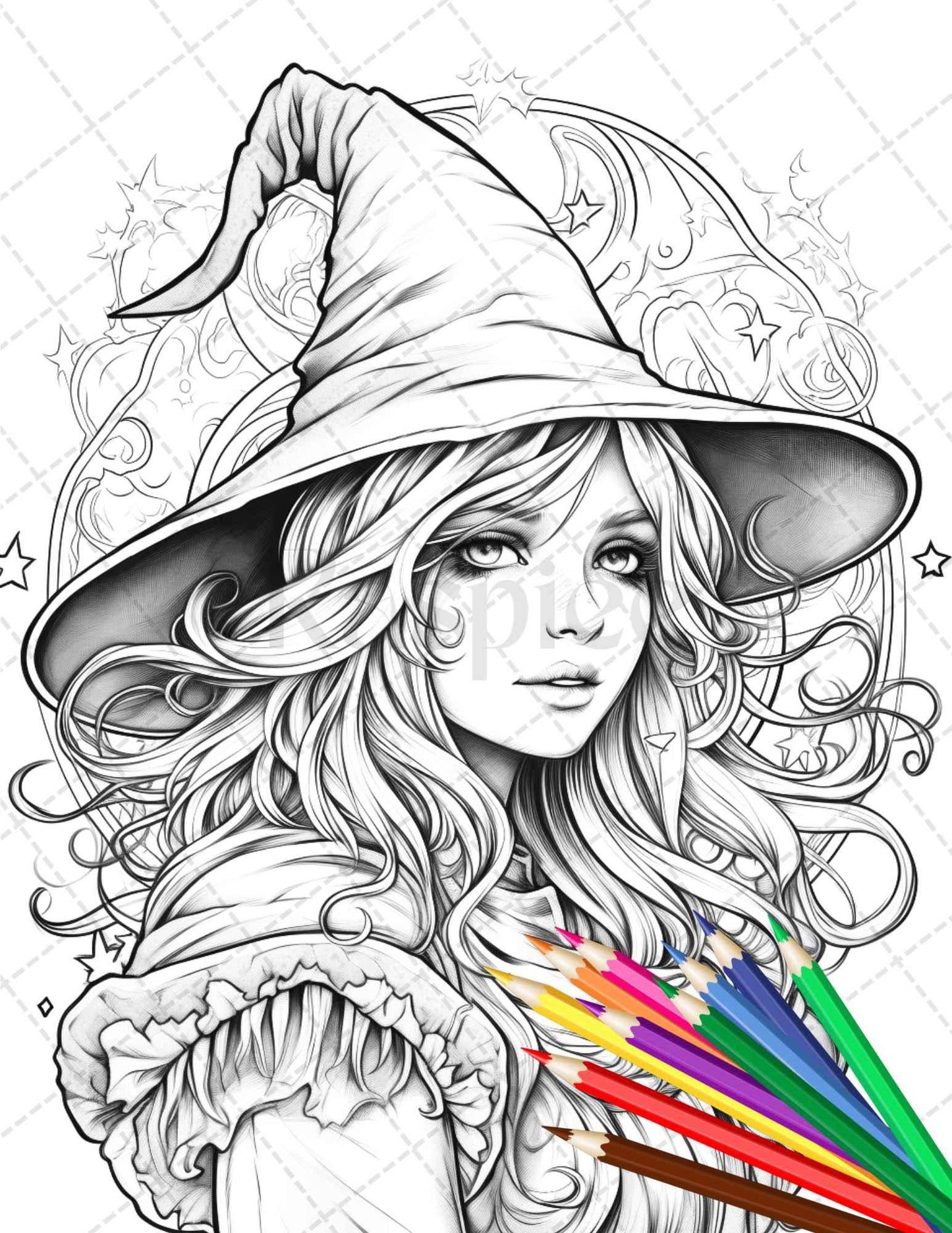 40 Cute Witches Coloring Pages Printable for Adults, Grayscale Coloring Page, PDF File Instant Download