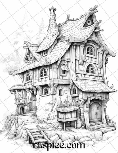 40 Viking Houses Grayscale Coloring Pages Printable for Adults, PDF File Instant Download