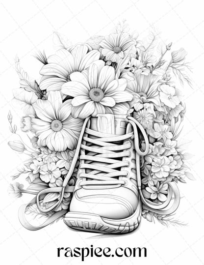 40 Flower Sneakers Grayscale Coloring Pages Printable for Adults, PDF File Instant Download