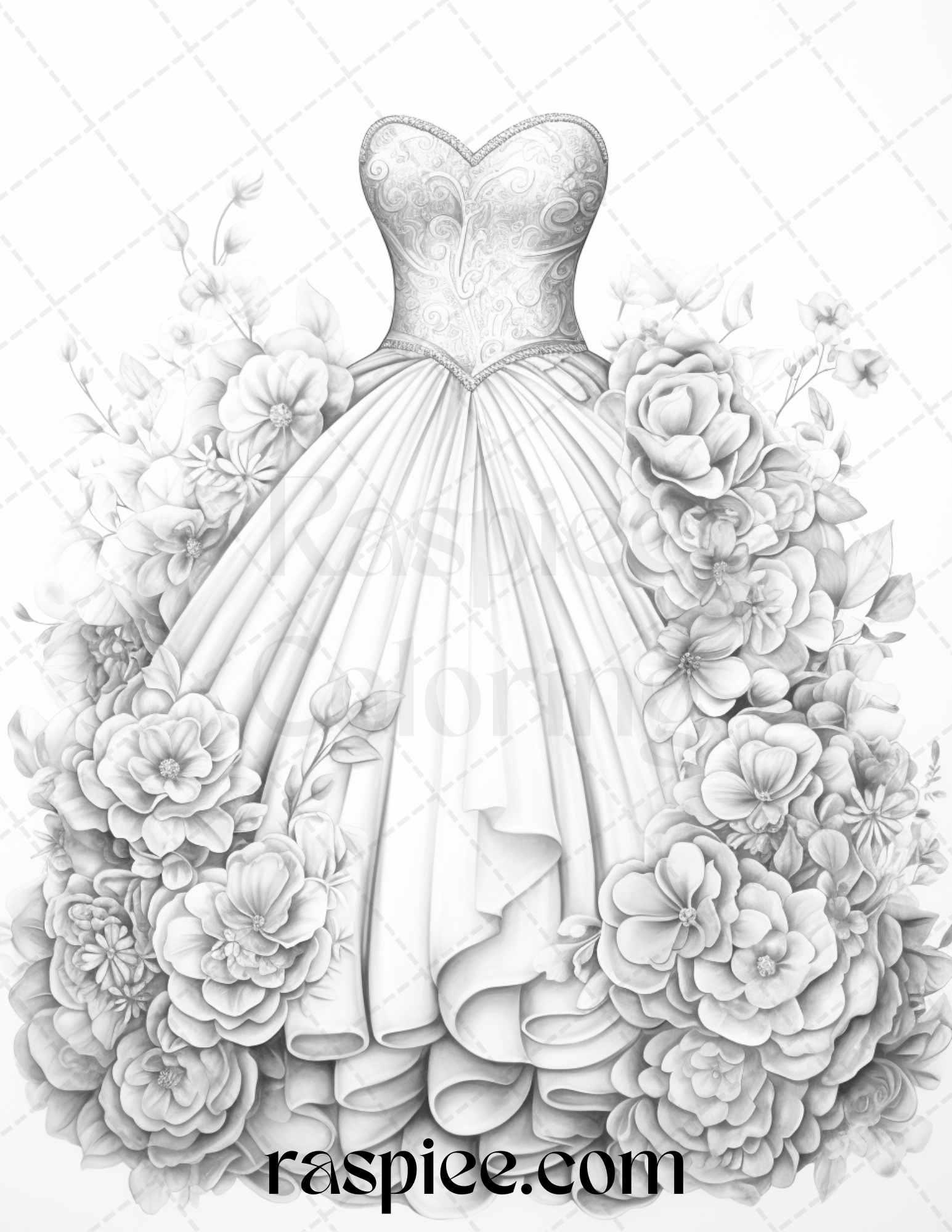 40 Elegant Floral Wedding Dresses Grayscale Coloring Pages Printable for Adults, PDF File Instant Download