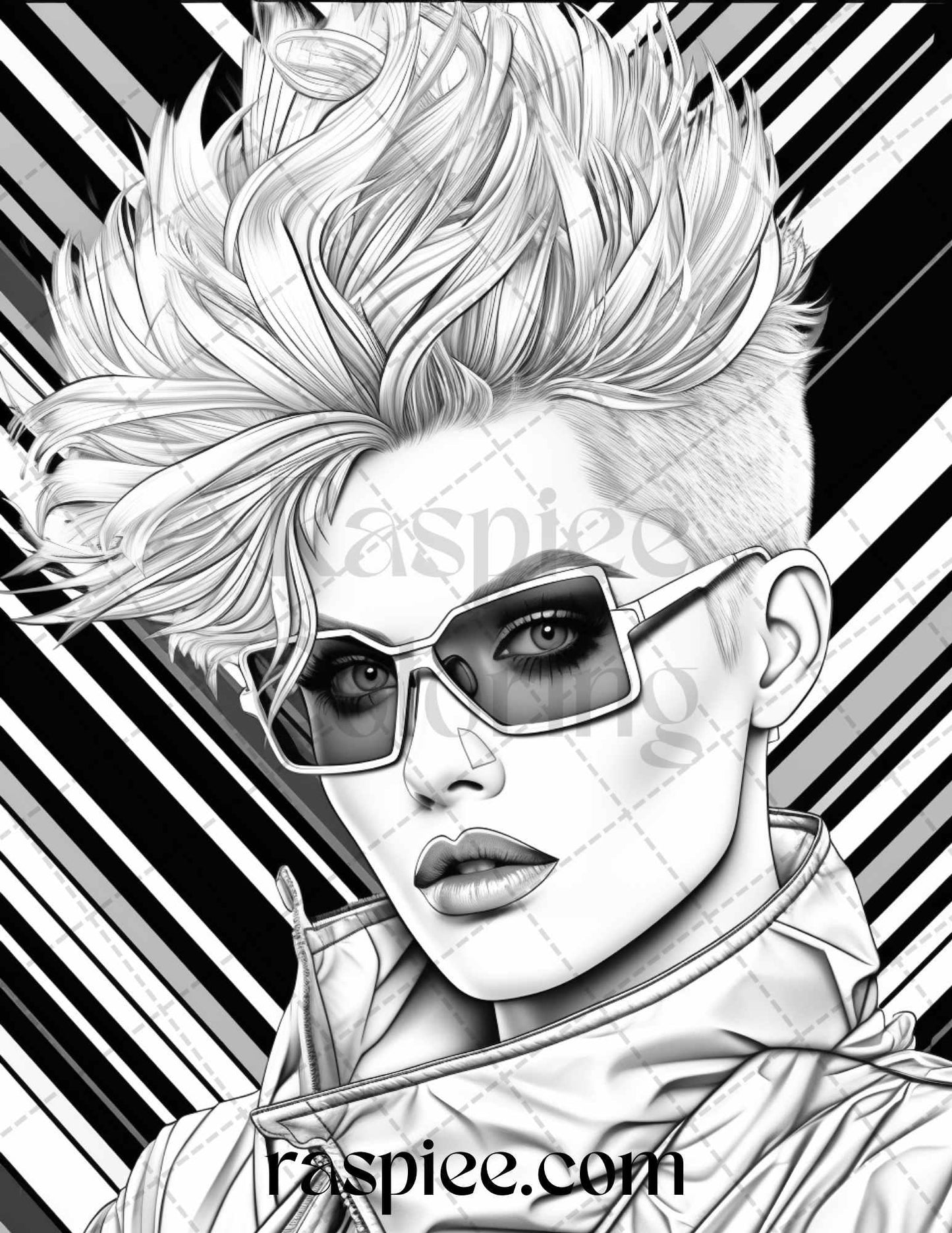 1980s New Wave Pop Star Grayscale Coloring Pages Printable for Adults, PDF File Instant Download