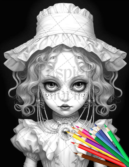 40 Creepy Porcelain Dolls Grayscale Coloring Pages for Adults, PDF File Instant Download