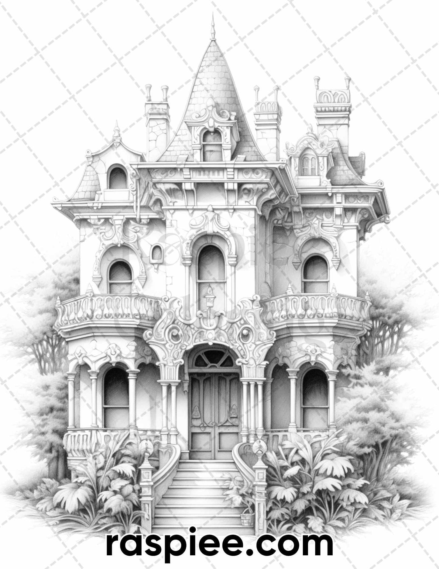 40 Victorian Mansions Grayscale Coloring Pages for Adults, Printable PDF Instant Download