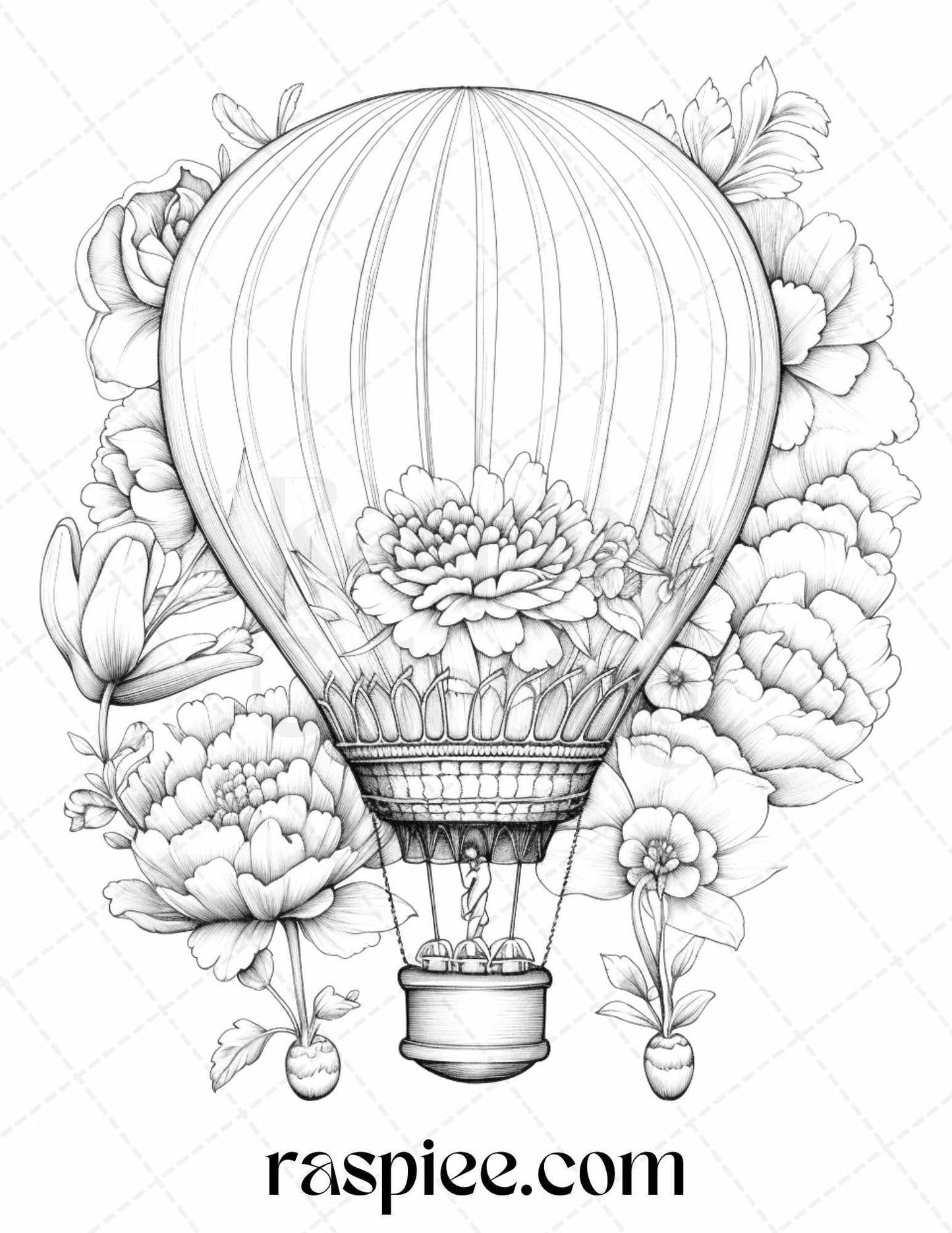 42 Flower Hot Air Balloons Grayscale Coloring Pages Printable for Adults, PDF File Instant Download