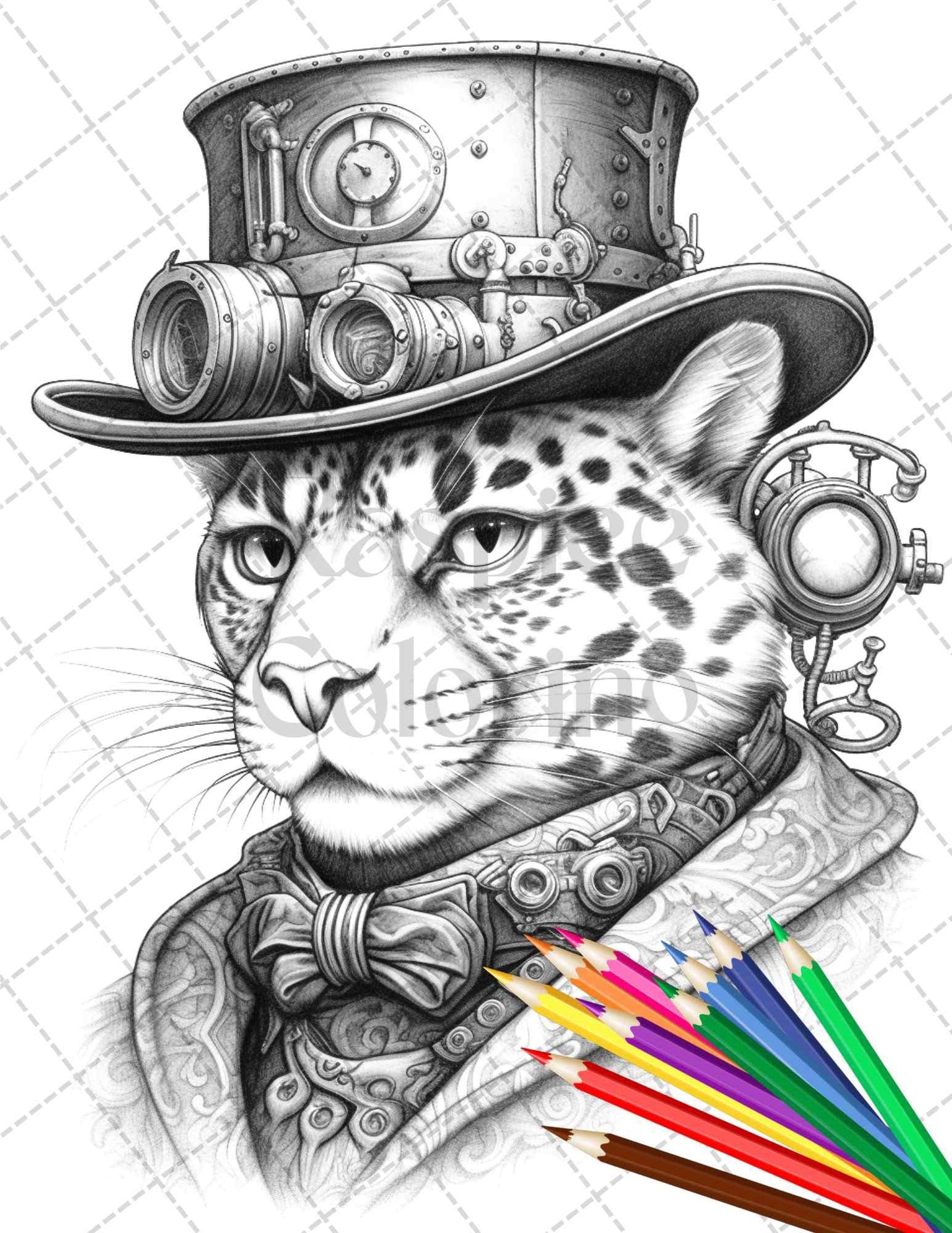 45 Steampunk Animals Grayscale Coloring Pages Printable for Adults Vol. 2, PDF File Instant Download