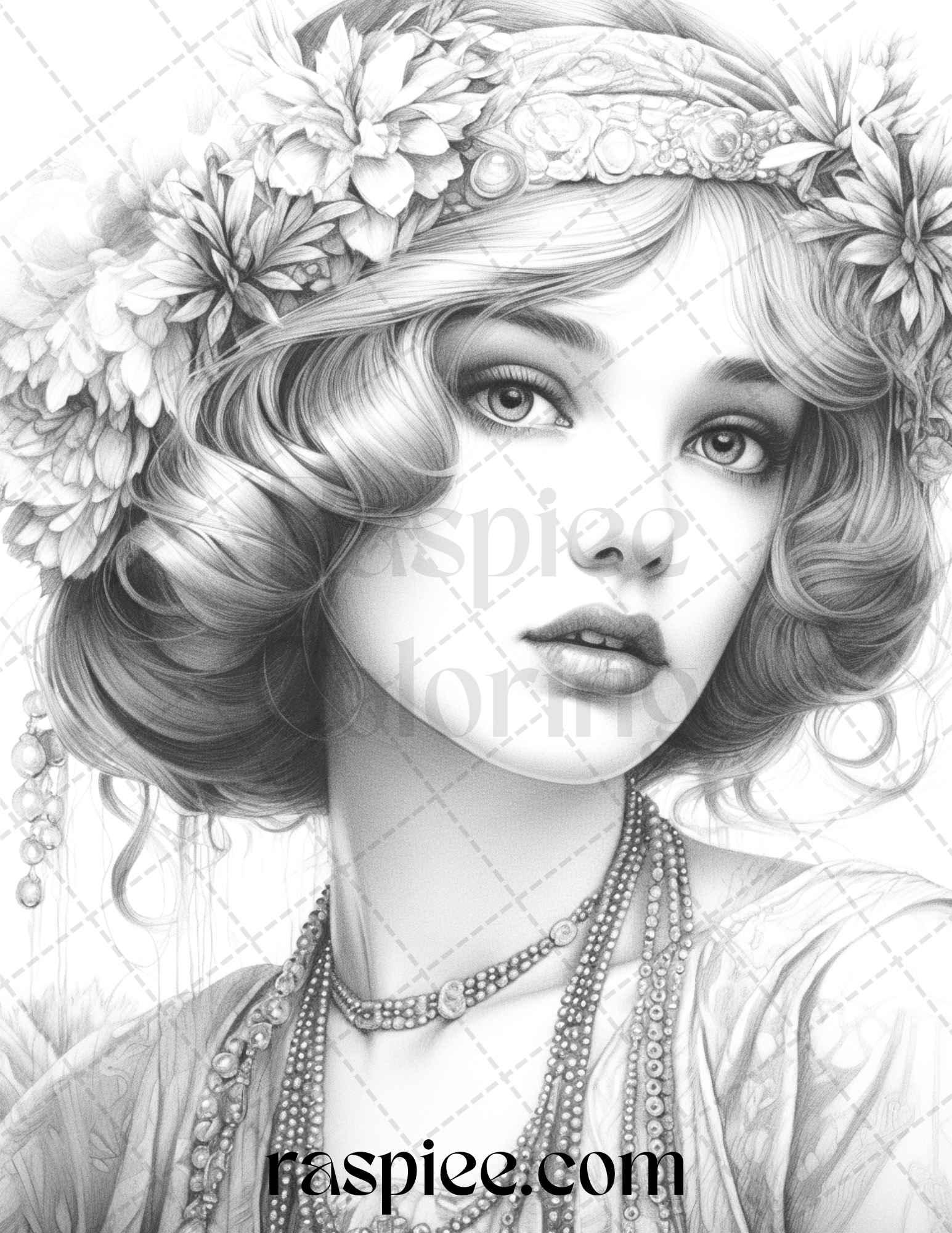 40 Beautiful Gatsby Girls Grayscale Coloring Pages Printable for Adults, PDF File Instant Download