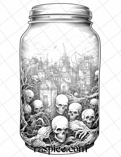 40 Halloween in Jar Grayscale Coloring Pages for Adults, Printable PDF File Instant Download