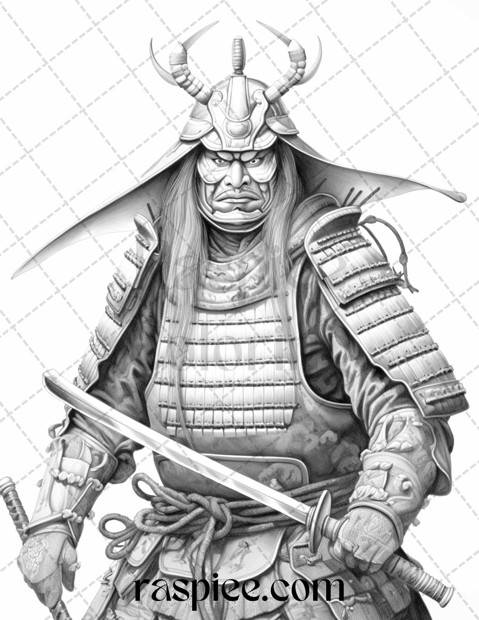 42 Japanese Samurai Grayscale Coloring Pages for Adults, Printable PDF File Instant Download