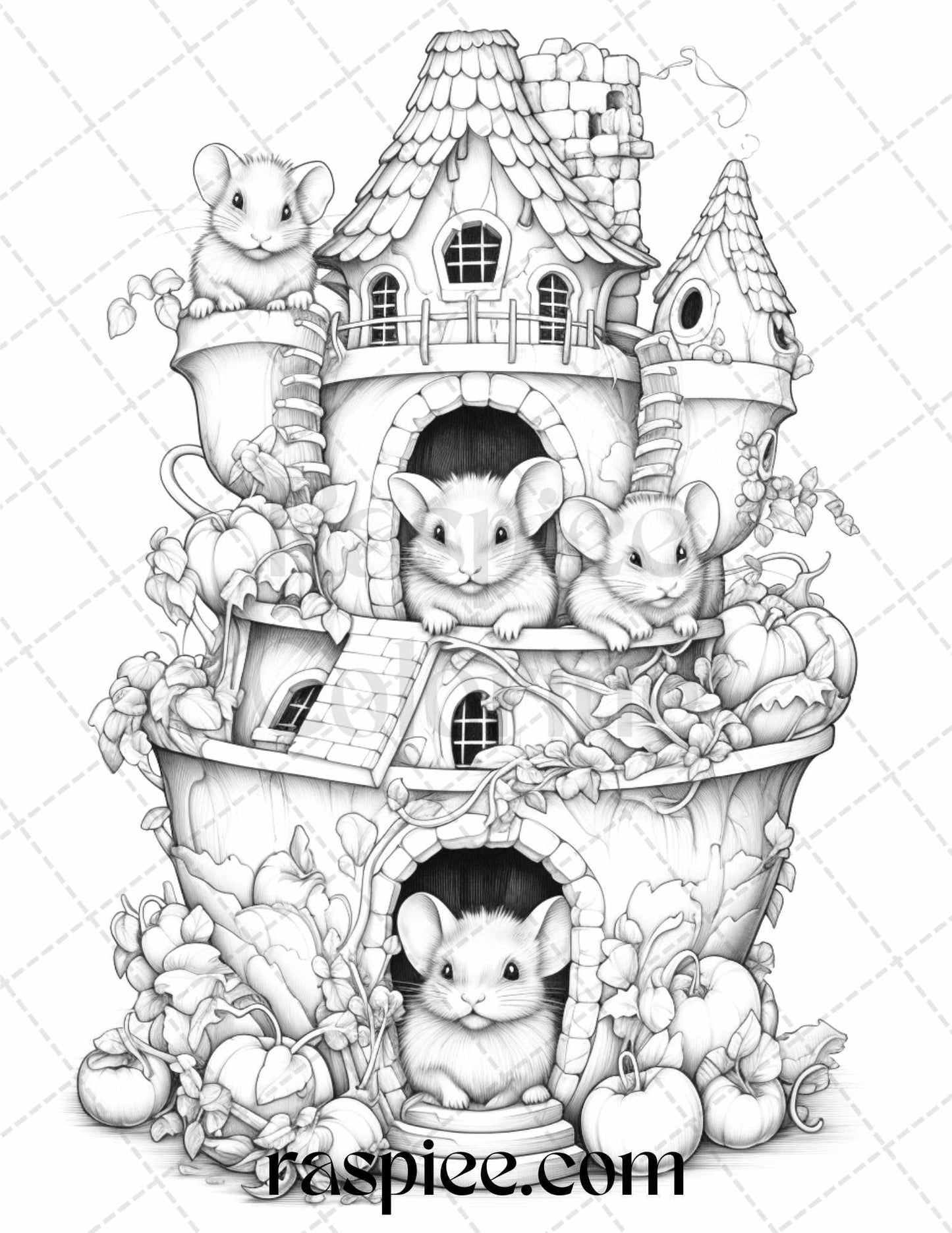 40 Magical Mouse Houses Grayscale Coloring Pages Printable for Adults, PDF File Instant Download