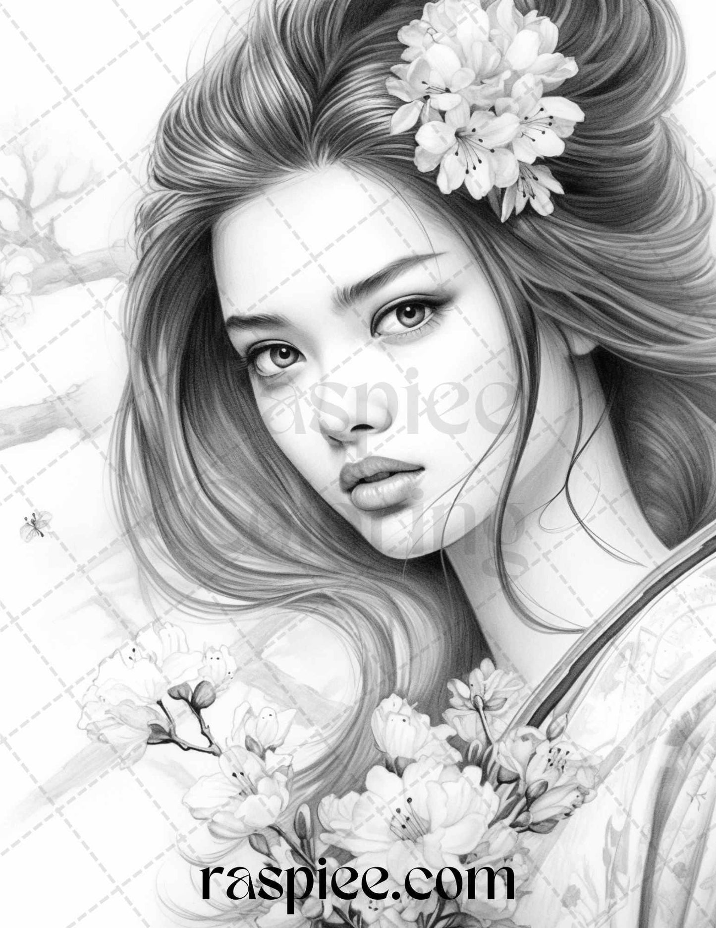 40 Beautiful Japanese Girls Grayscale Coloring Pages Printable for Adults, PDF File Instant Download