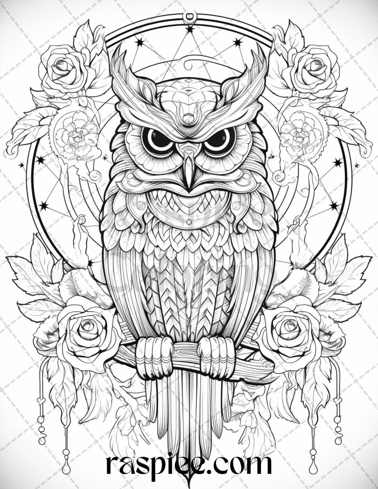 40 Floral Owl Grayscale Printable Coloring Pages for Adults, PDF File Instant Download