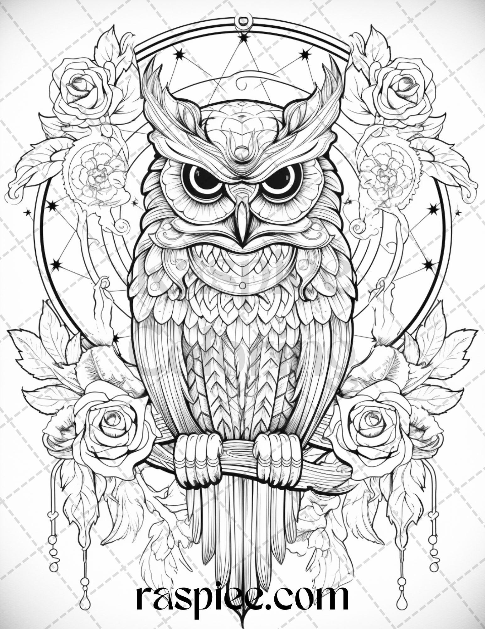 40 Floral Owl Grayscale Printable Coloring Pages for Adults, PDF File Instant Download