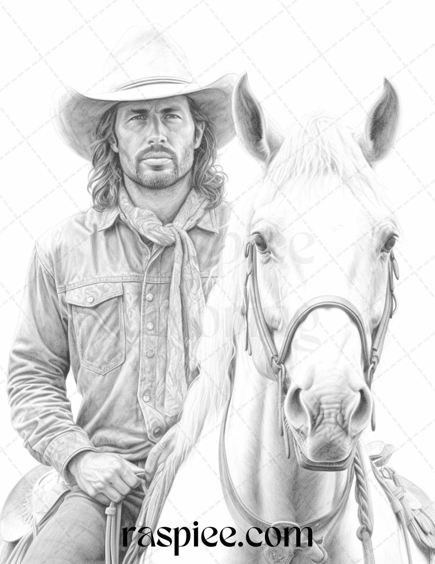 45 Wild West Cowboys Grayscale Coloring Pages Printable for Adults, PDF File Instant Download