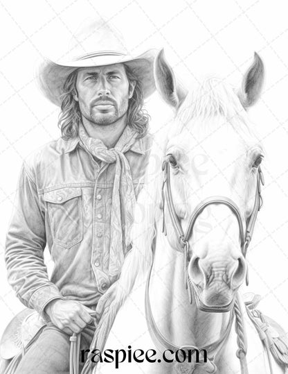 45 Wild West Cowboys Grayscale Coloring Pages Printable for Adults, PDF File Instant Download