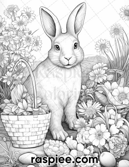 40 Easter Bunny Grayscale Adult Coloring Pages, Printable PDF Instant Download