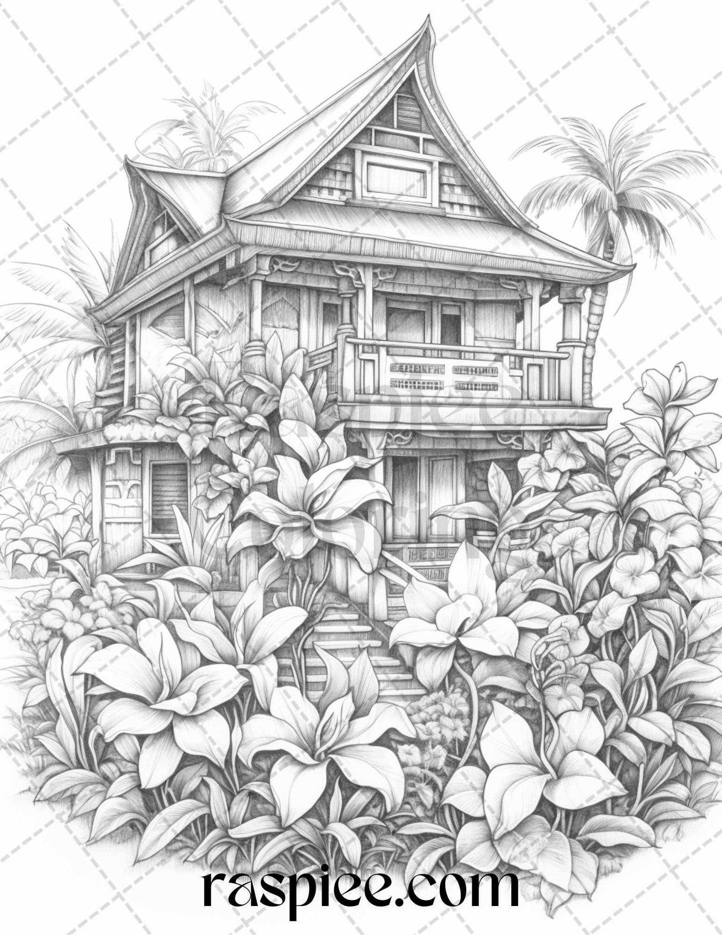 40 Hawaii Tiki Houses Grayscale Coloring Pages Printable for Adults, PDF File Instant Download