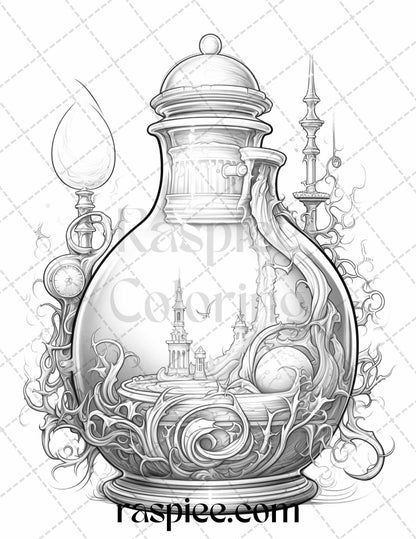 40 Mystical Magic Potions Grayscale Coloring Pages Printable for Adults, PDF File Instant Download