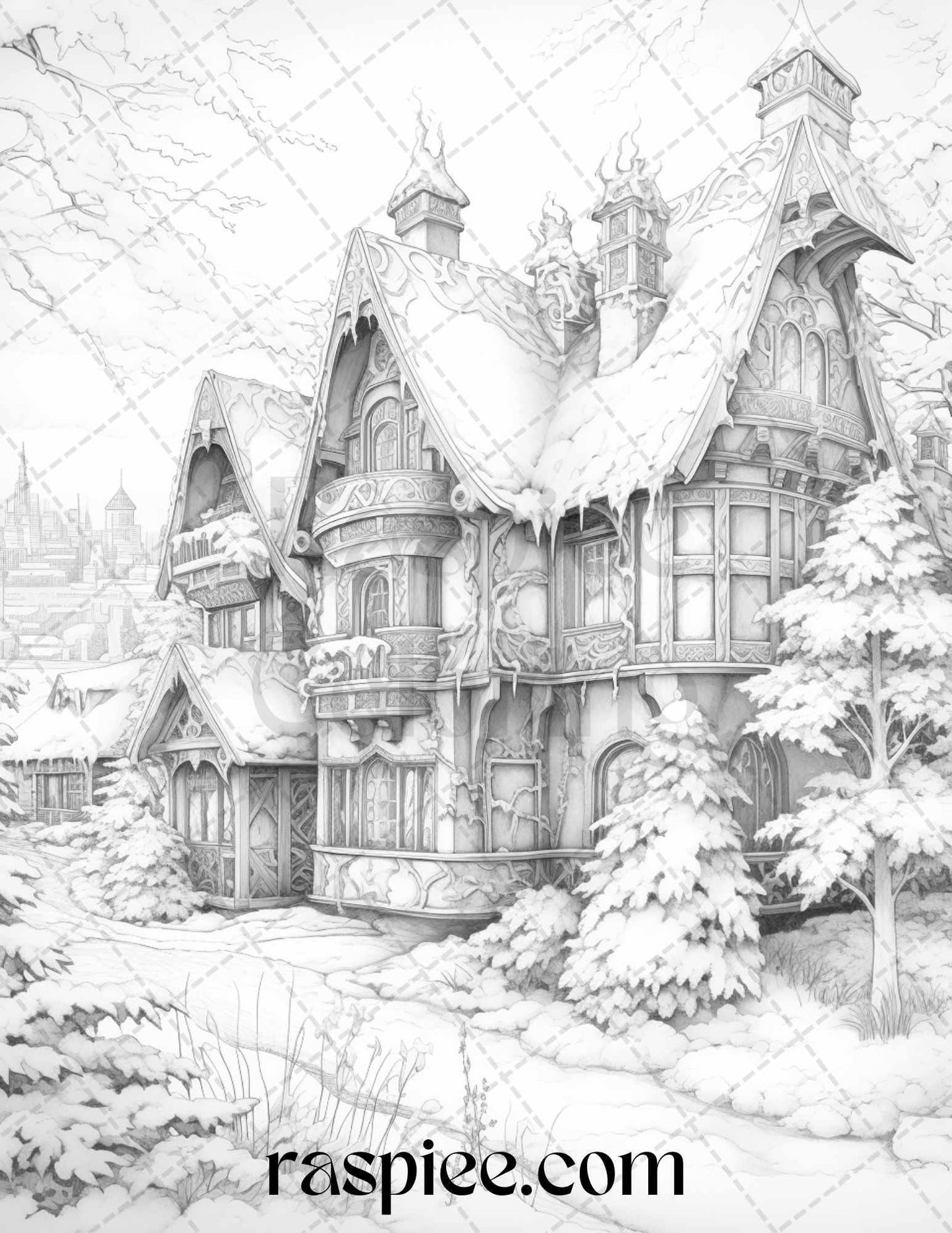 42 Fantasy Christmas Houses Grayscale Coloring Pages Printable for Adults, PDF File Instant Download