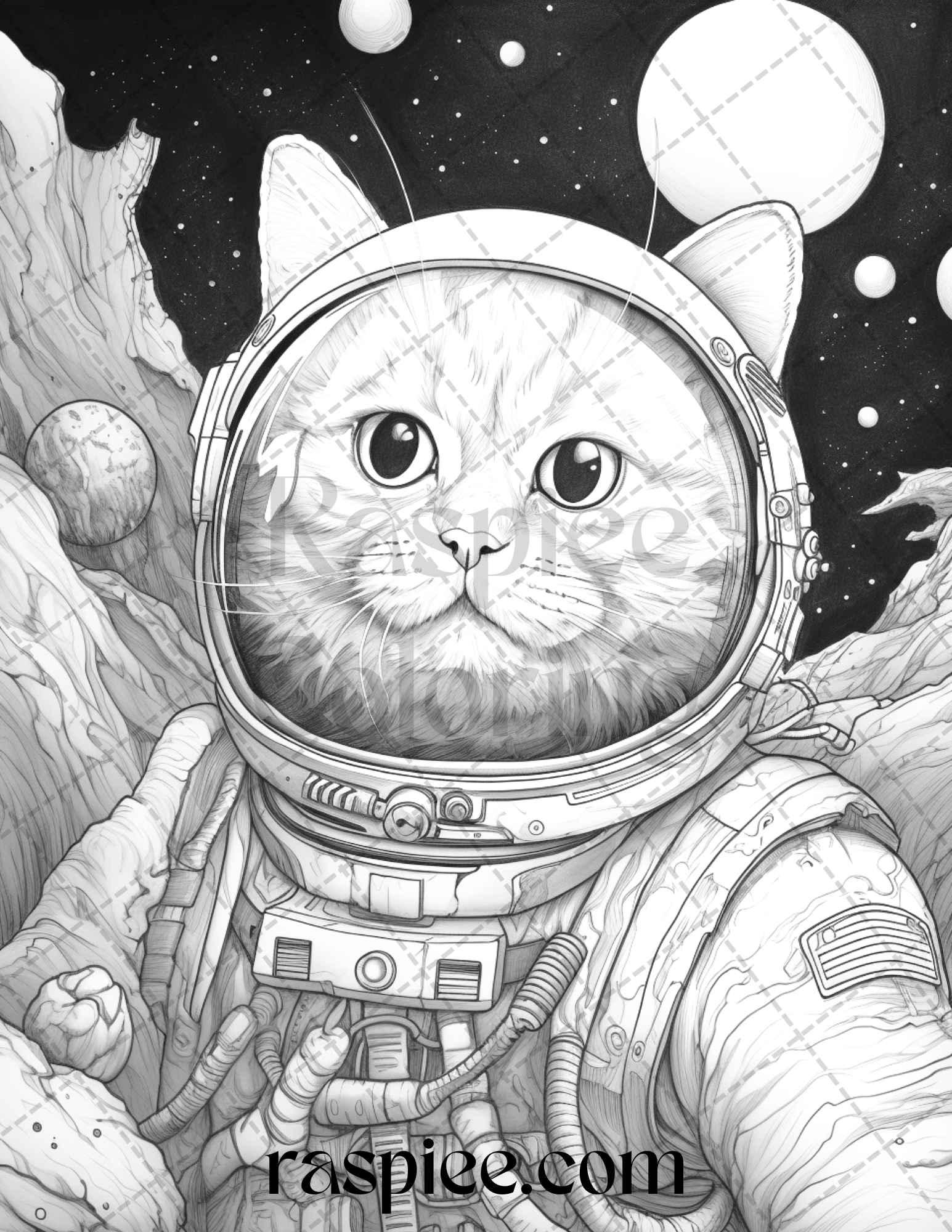 40 Cat Astronaut Grayscale Coloring Pages Printable for Adults Kids, PDF File Instant Download