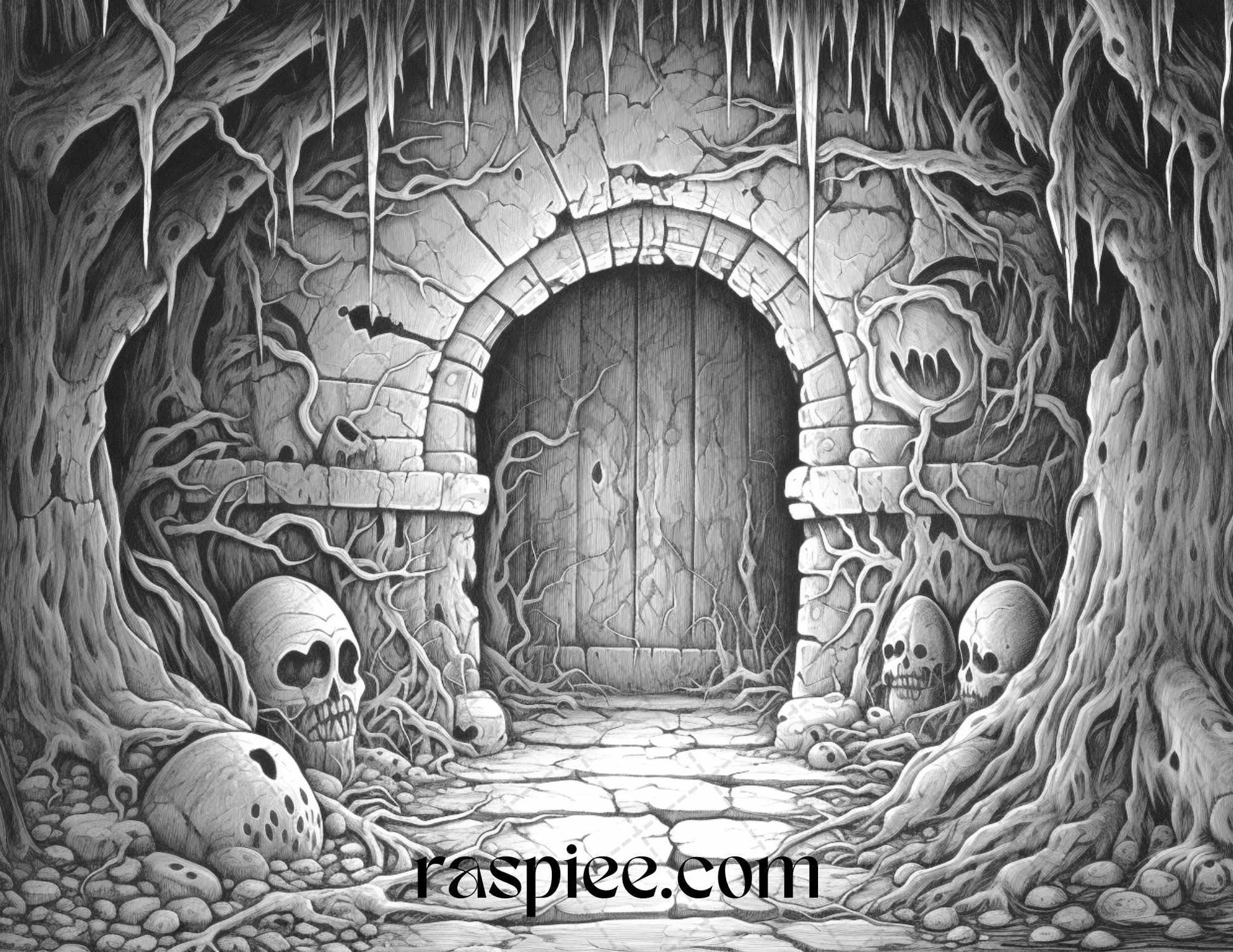 40 Halloween Landscapes Grayscale Coloring Pages Printable for Adults, PDF File Instant Download