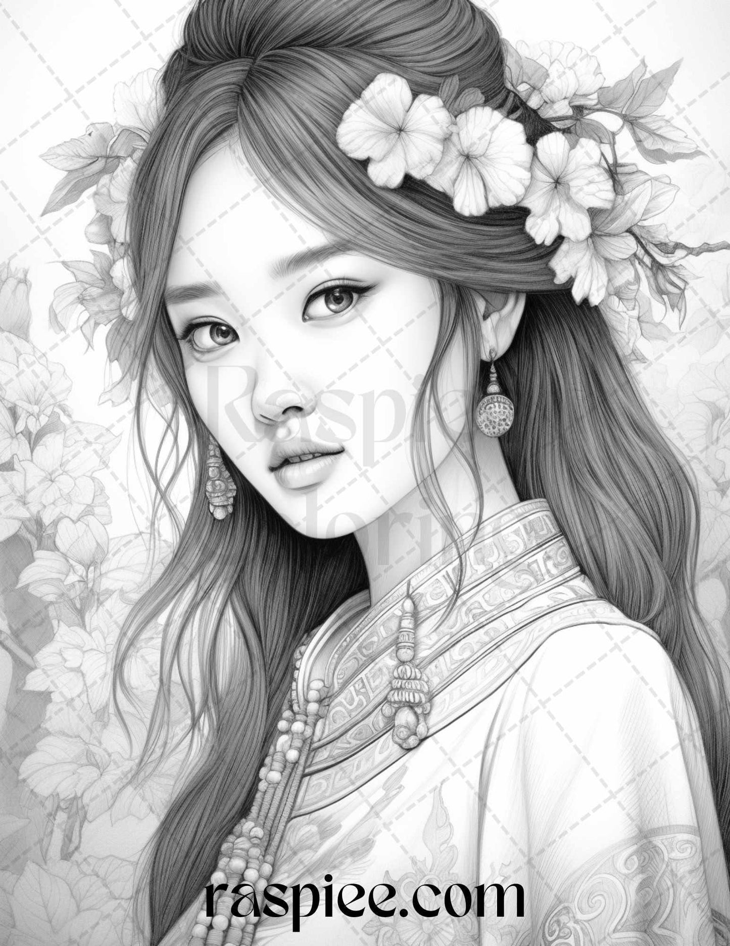 40 Beautiful Chinese Girls Grayscale Coloring Pages for Adults, Printable PDF File Instant Download