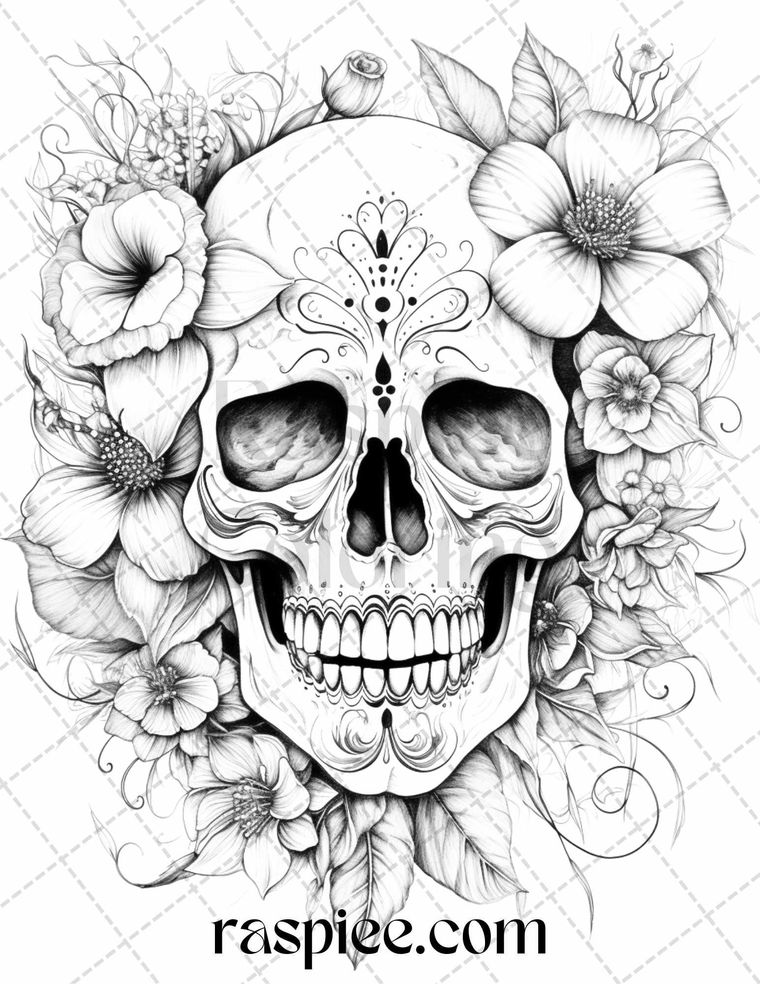 42 Floral Skull Grayscale Coloring Pages for Adults, Stress Relief Coloring Sheets, Printable PDF File Instant Download