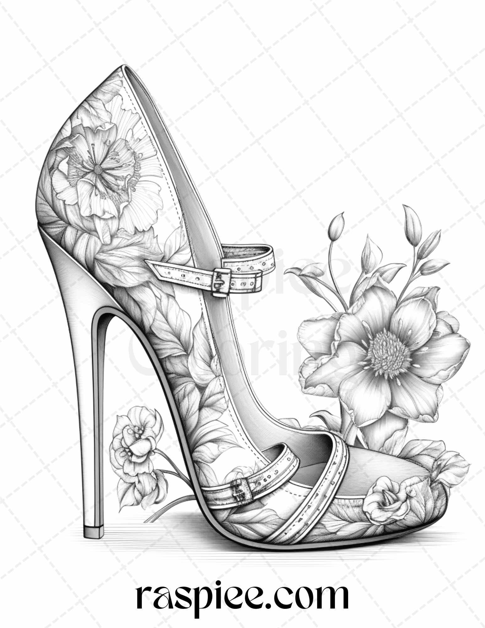 40 Flower Wedding Shoes Grayscale Coloring Pages Printable for Adults, PDF File Instant Download