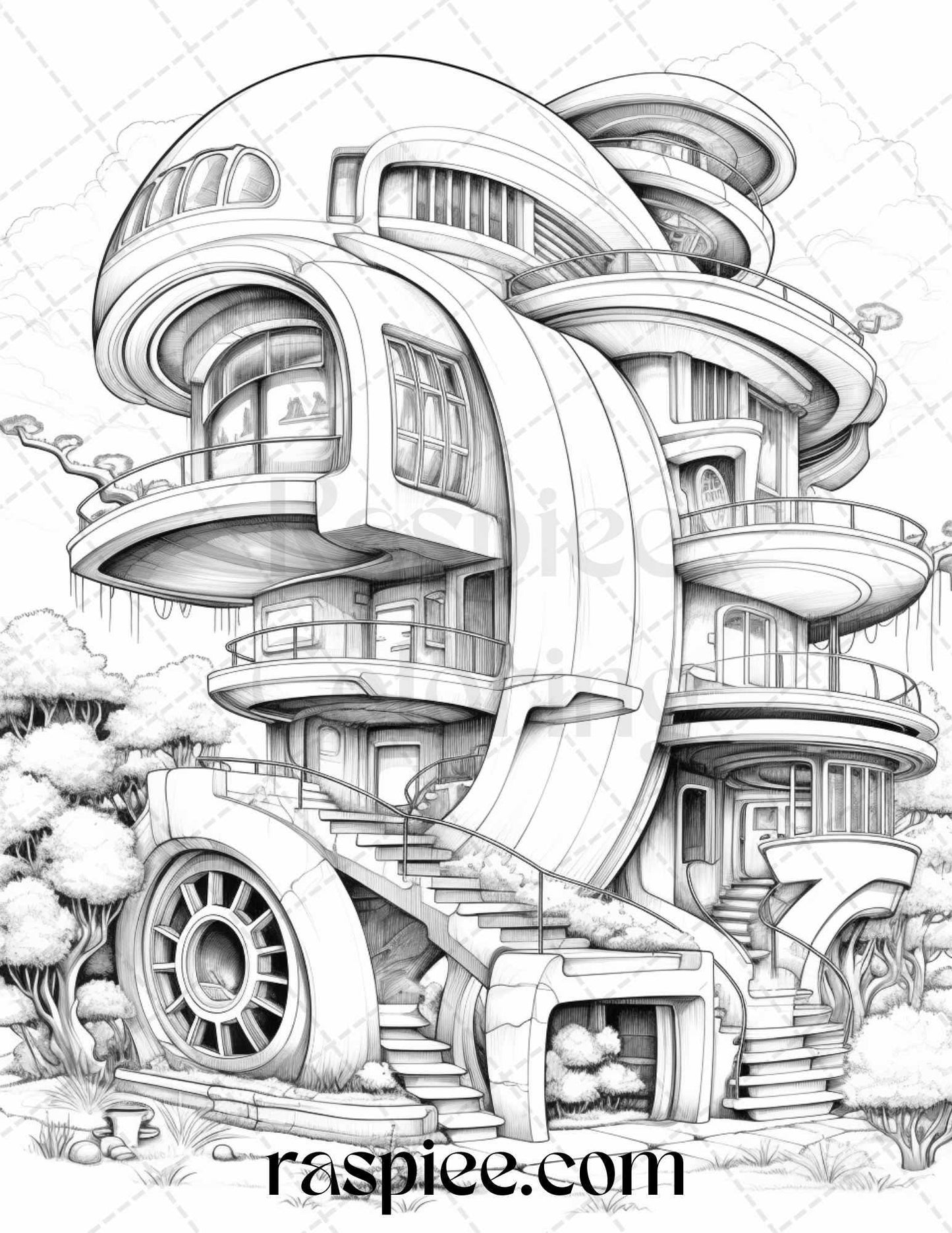 43 Futuristic Houses Grayscale Coloring Pages Printable for Adults, PDF File Instant Download