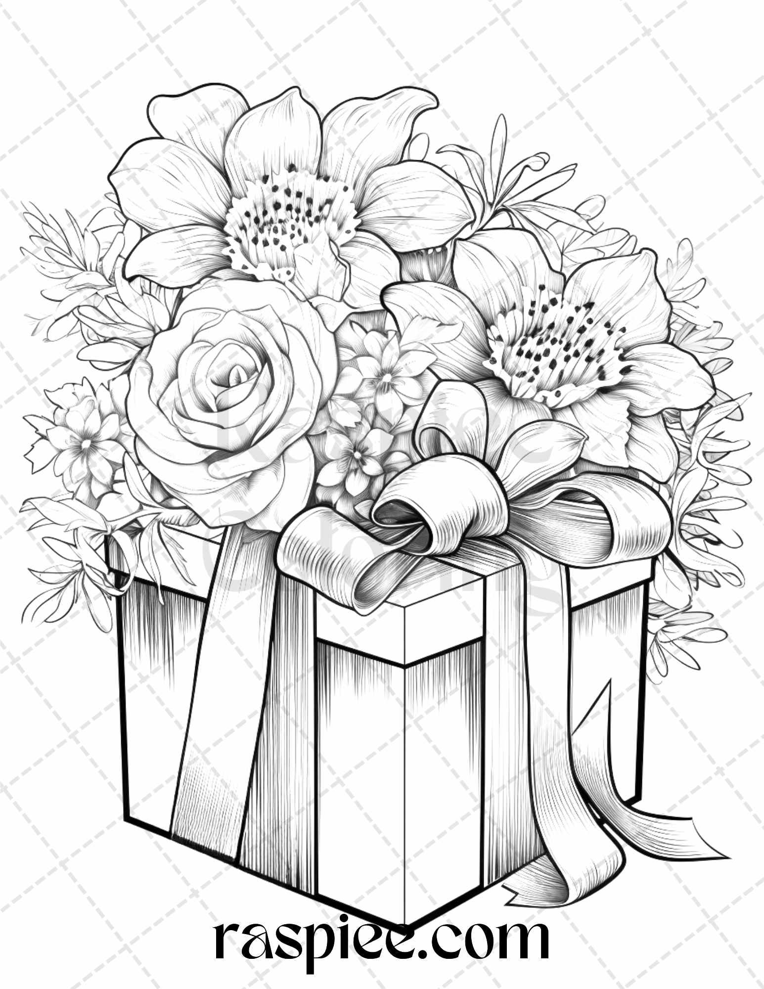 40 Flower Gift Box Grayscale Coloring Pages Printable for Adults Kids, PDF File Instant Download