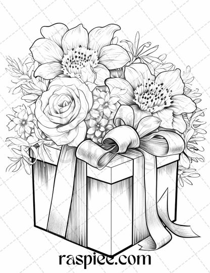 40 Flower Gift Box Grayscale Coloring Pages Printable for Adults Kids, PDF File Instant Download