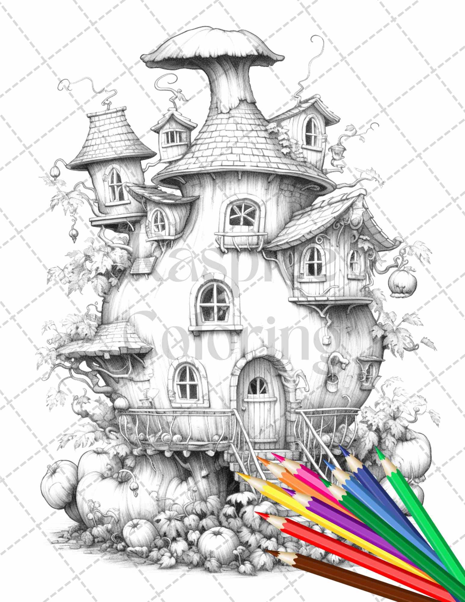 40 Pumpkin Fairy Houses Grayscale Coloring Pages Printable for Adults, PDF File Instant Download