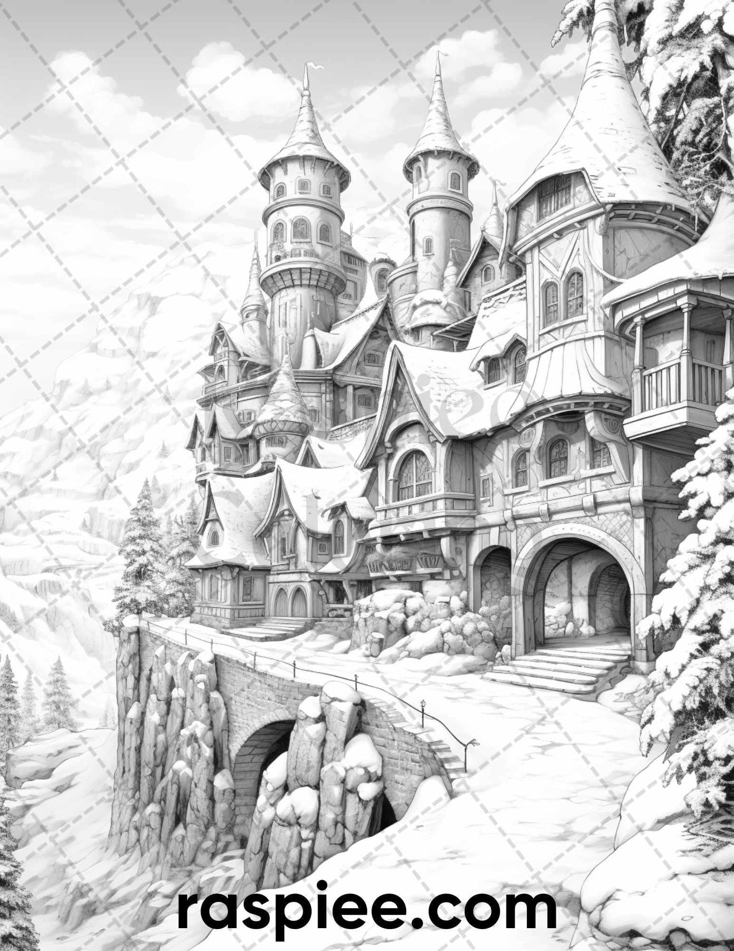 40 Fantasy Winter Village Grayscale Coloring Pages for Adults, PDF File Instant Download