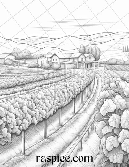 40 Farmstead Serenity Grayscale Coloring Pages Printable for Adults, PDF File Instant Download