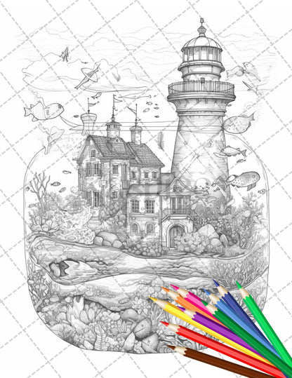 34 Fishtank Houses Coloring Book for Adults, Grayscale Coloring Page, Printable PDF Instant Download