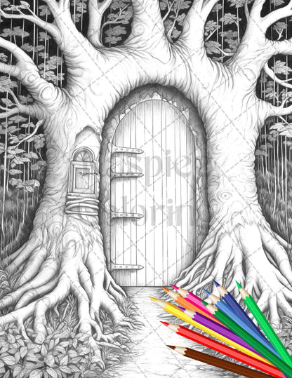 40 Magical Forest Gates Grayscale Coloring Pages Printable for Adults, PDF File Instant Download