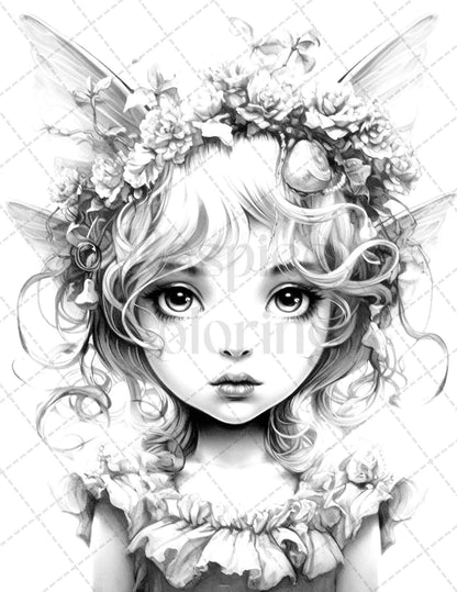 45 Adorable Chibi Fairy Grayscale Coloring Pages Printable for Adults, PDF File Instant Download