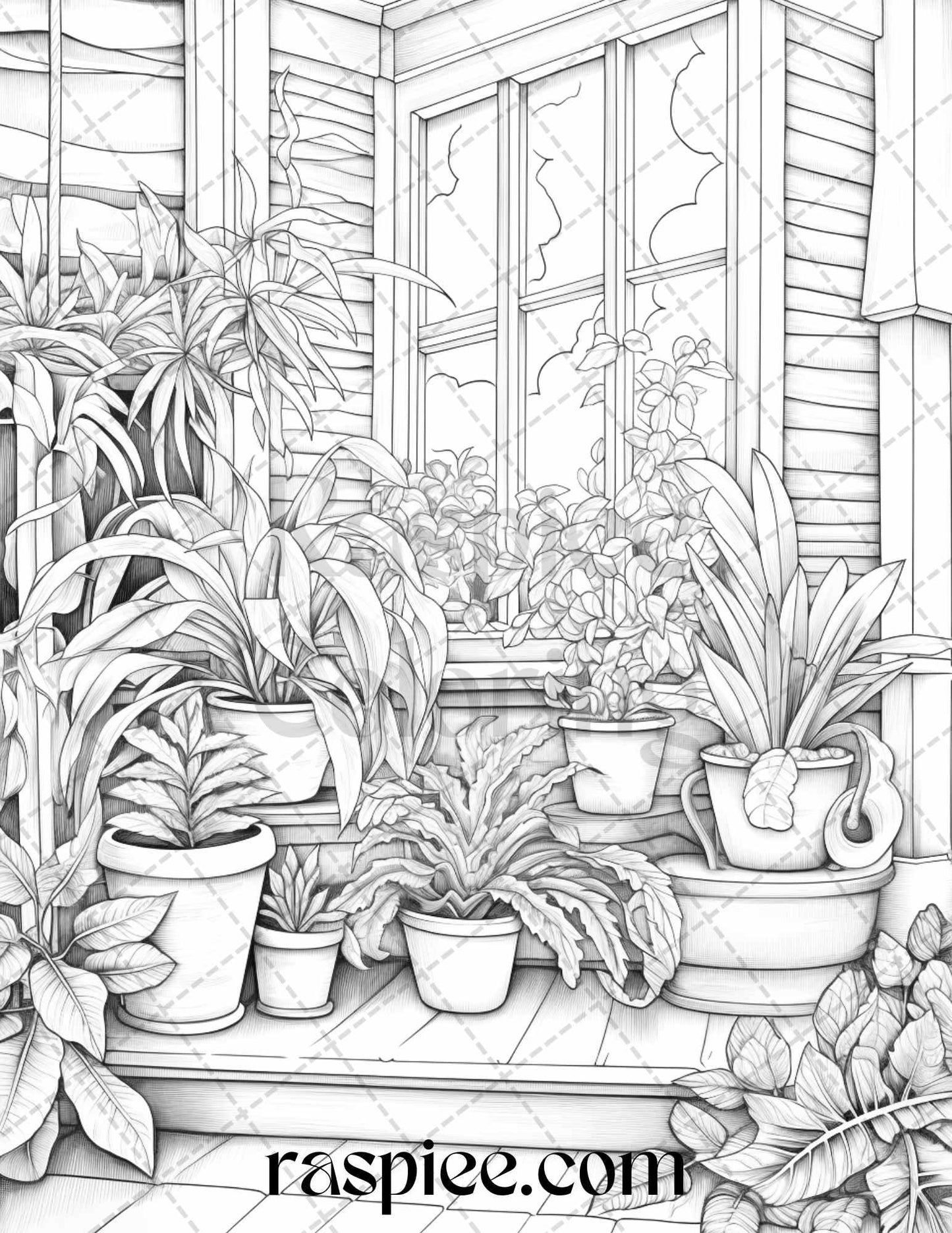 40 Window Plants Grayscale Coloring Pages Printable for Adults, PDF File Instant Download