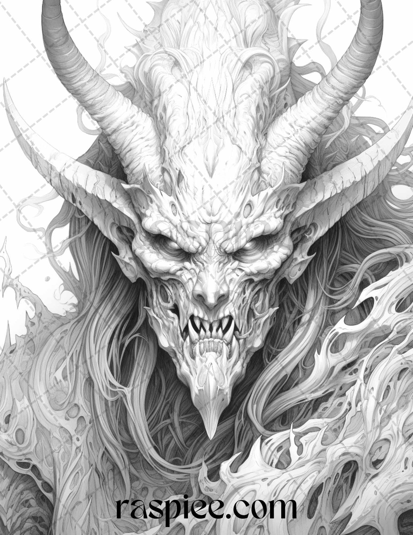 43 Fantasy Demons Grayscale Coloring Pages for Adults, Printable PDF File Instant Download