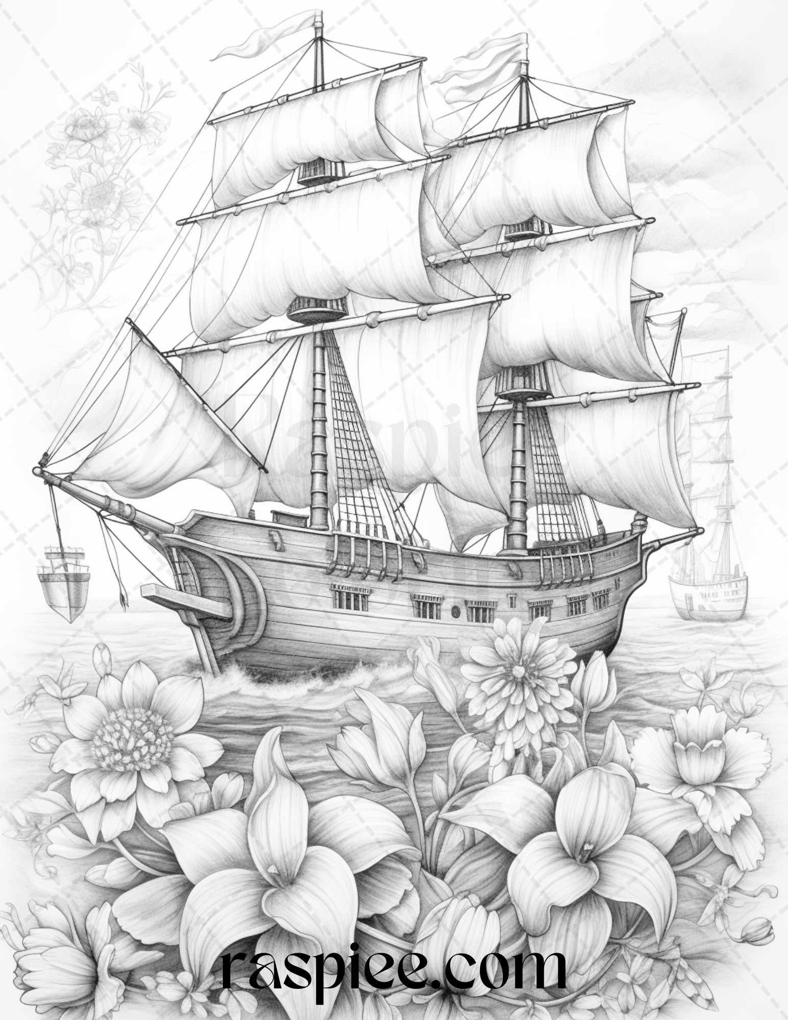 44 Flower Ships Graysale Coloring Pages Printable for Adults, PDF File Instant Download