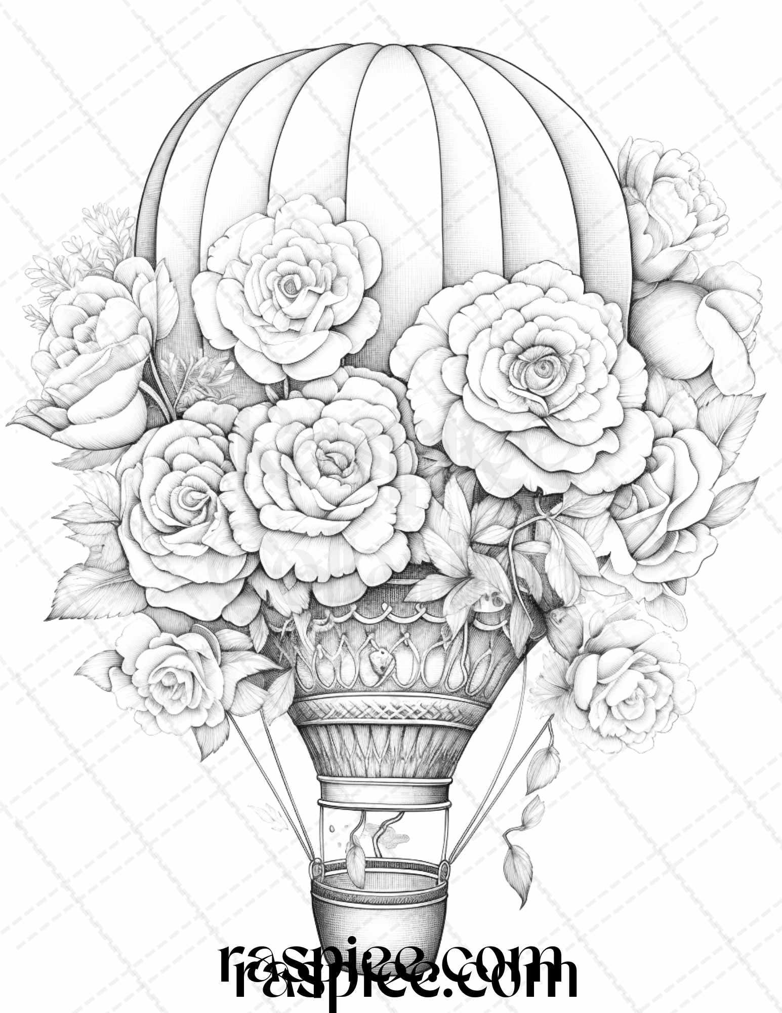 42 Flower Hot Air Balloons Grayscale Coloring Pages Printable for Adults, PDF File Instant Download