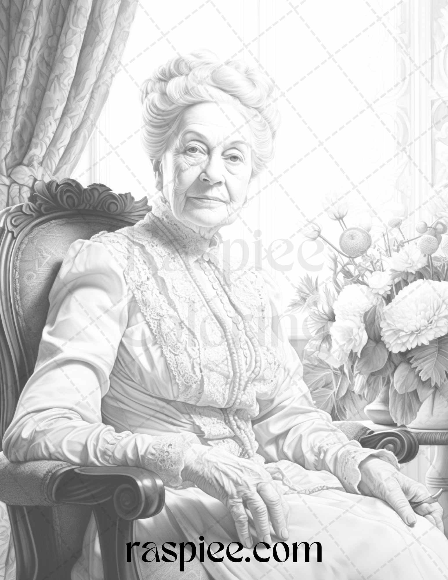 50 Victorian Grandma Grayscale Coloring Pages Printable for Adults, PDF File Instant Download