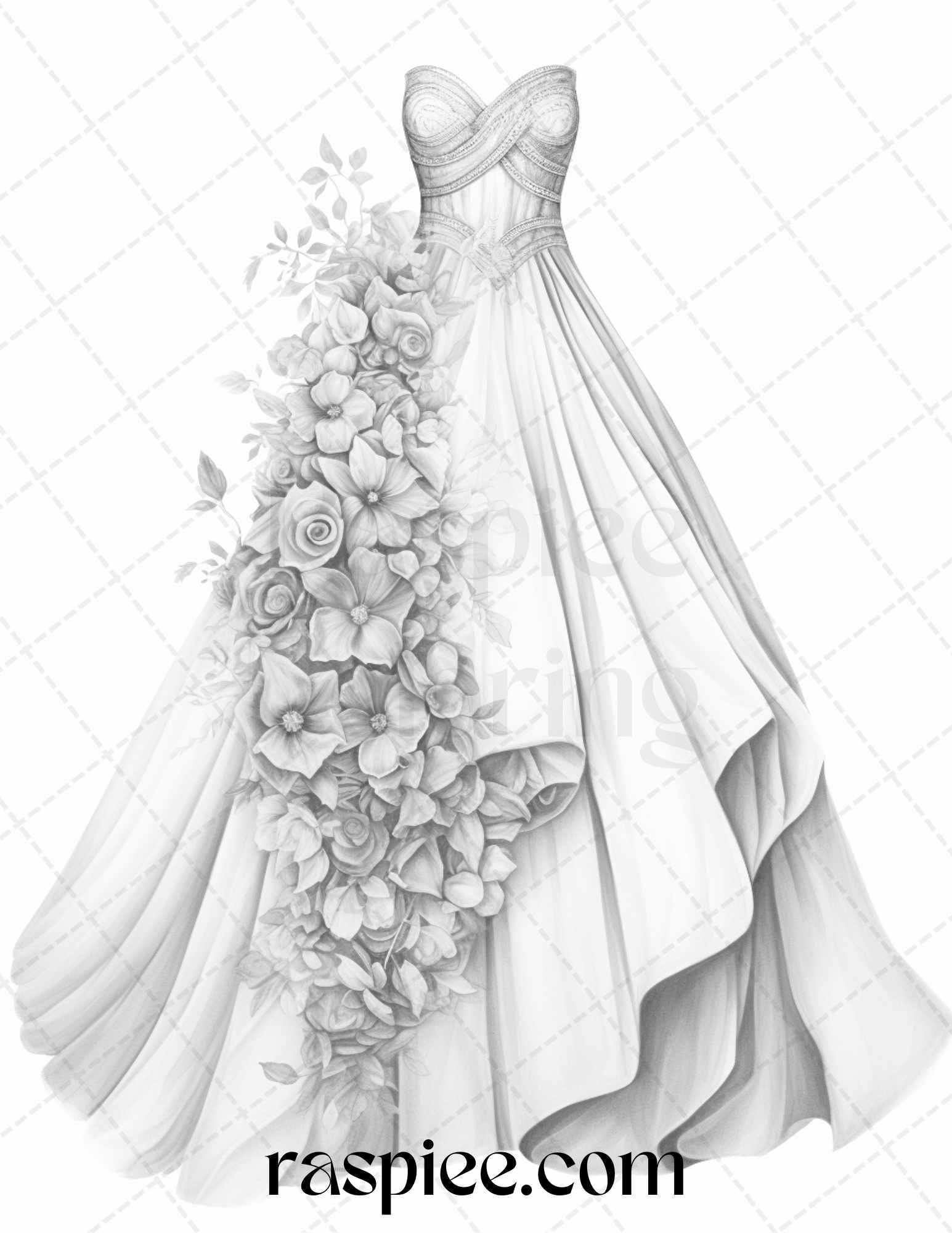 40 Elegant Floral Wedding Dresses Grayscale Coloring Pages Printable for Adults, PDF File Instant Download