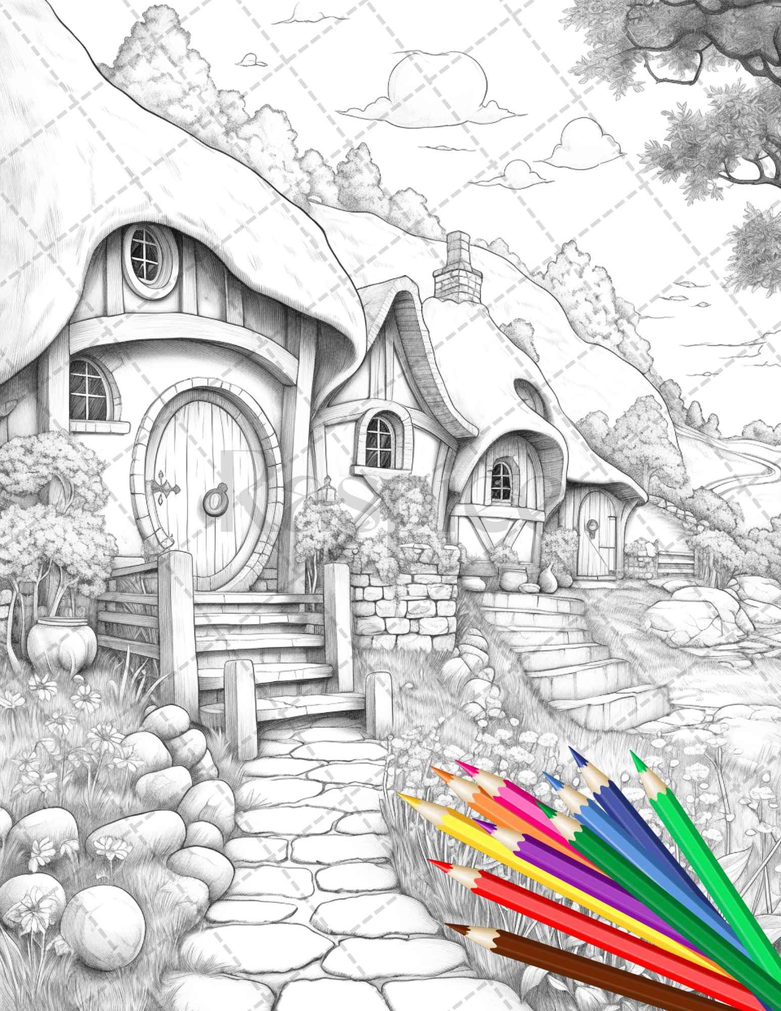 43 Enchanted Hobbiton Houses Grayscale Coloring Pages Printable for Adults, PDF File Instant Download