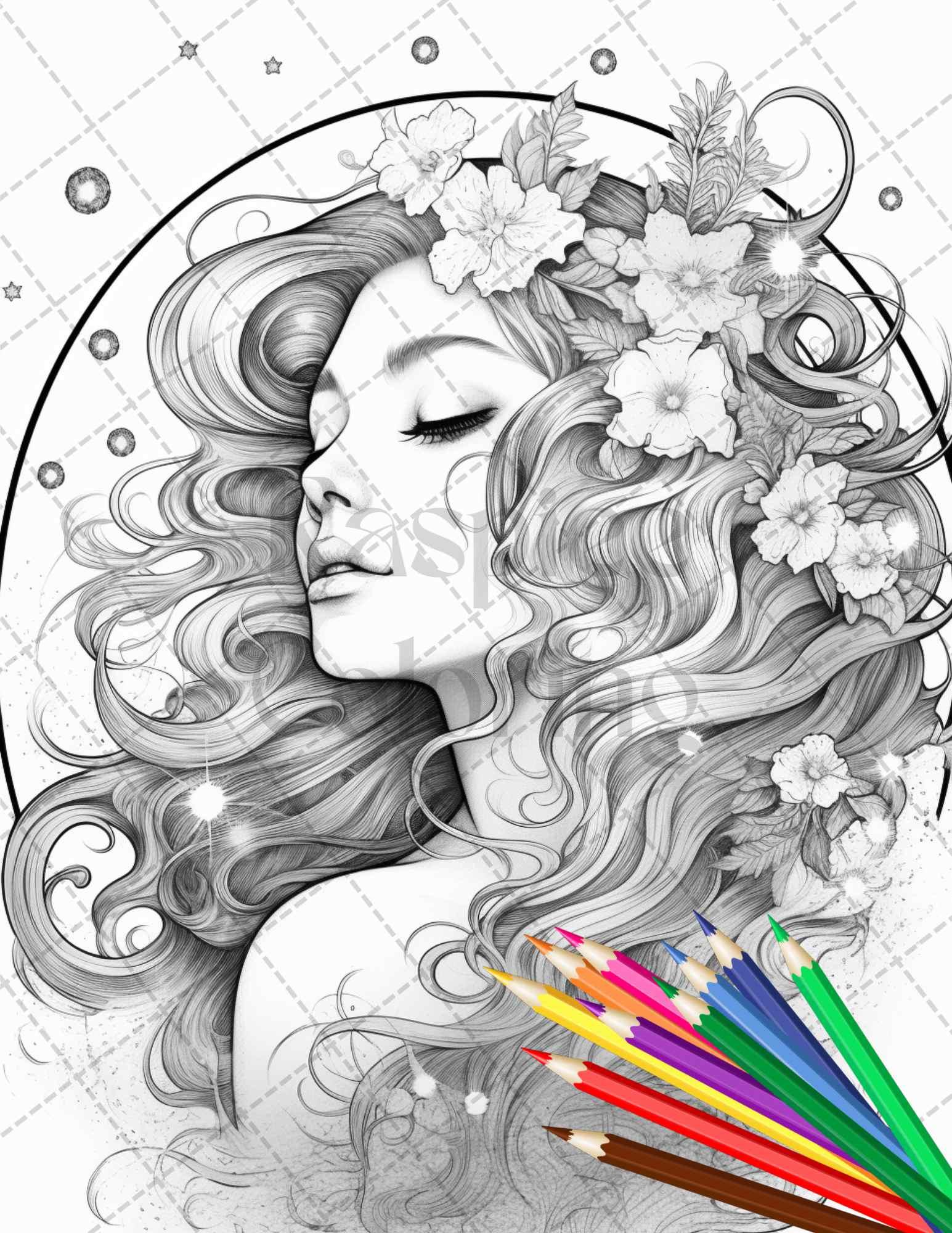 34 Beautiful Moon Fairies Grayscale Coloring Pages Printable for Adults, PDF File Instant Download